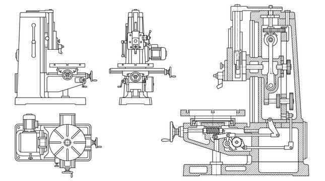 Slotting Machine Industrial Tool Technical Drawing Blueprint, Front Side Top and Internal Cross-Sectional Views Line Art Vector