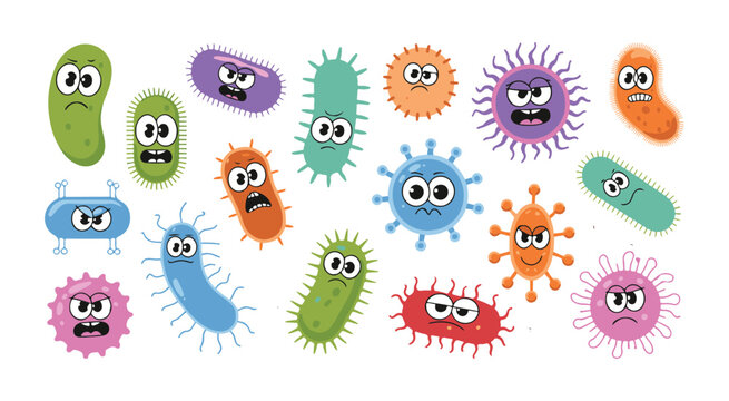 Funny cartoon bacteria characters with different expressions and shapes isolated on white background vector illustration.