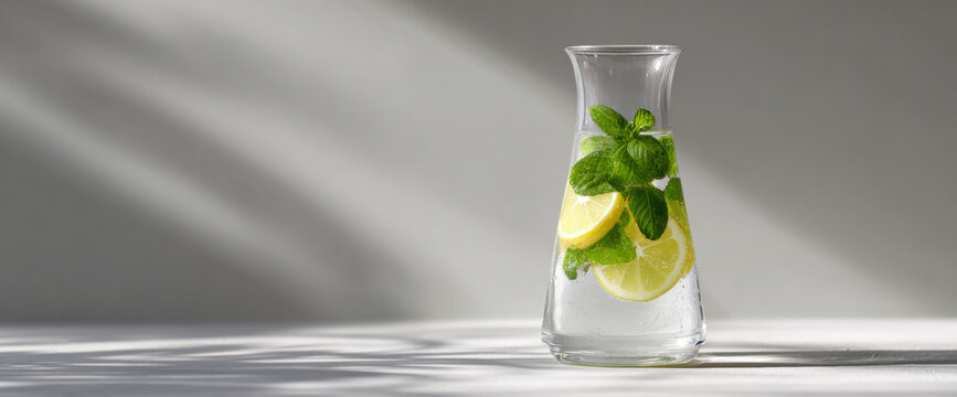 Glass carafe with lemon and mint water