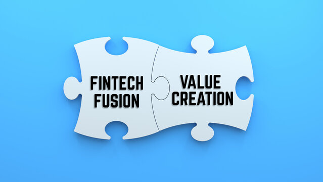 Fintech Fusion Value Creation Connecting Puzzle Pieces Blue Background