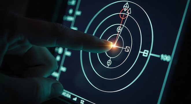 A finger touches a glowing target on a digital radar screen displaying navigation data and ship symbols