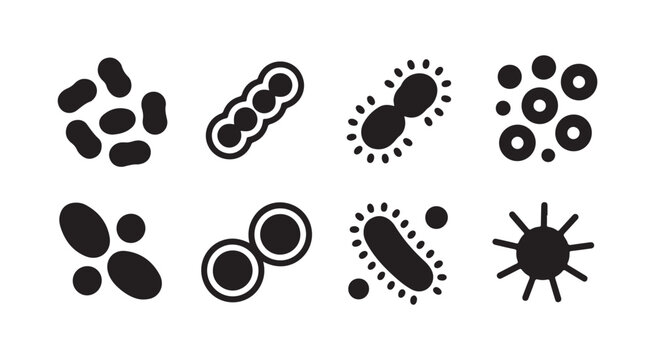 Collection of stylized icons depicting various types of bacteria and viruses isolated on white background.