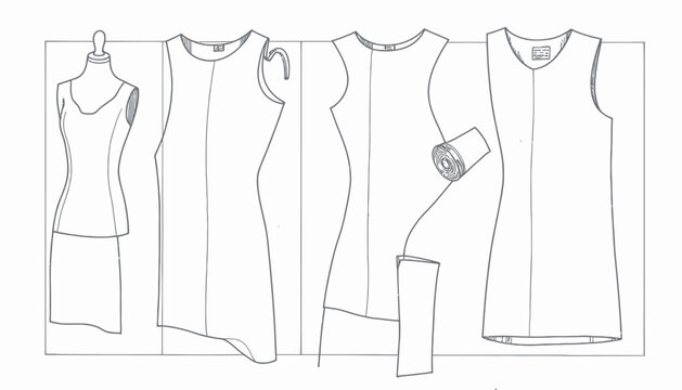 Detailed fashion illustration featuring different dress patterns, showcasing the process of garment design and construction with precise tailoring techniques