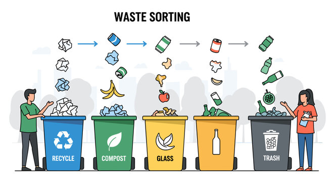 Illustration showing different bins for waste sorting: recycling, compost, glass, and trash, with people depositing items.