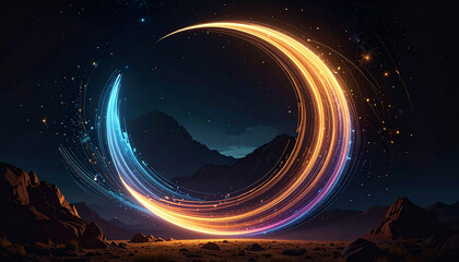 Abstract crescent with vibrant light trails