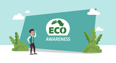 A cartoon man stands next to a large teal banner promoting eco awareness with a leaf and recycling symbol logo, surrounded by stylized green plants. © Tukujajan