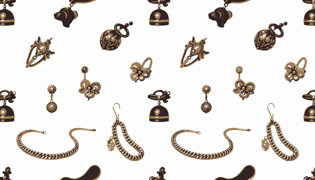 Aesthetic Vintage Jewelry Collection Featuring Gold Chains, Ornate Earrings, and Decorative Lockets on a Classic White Background