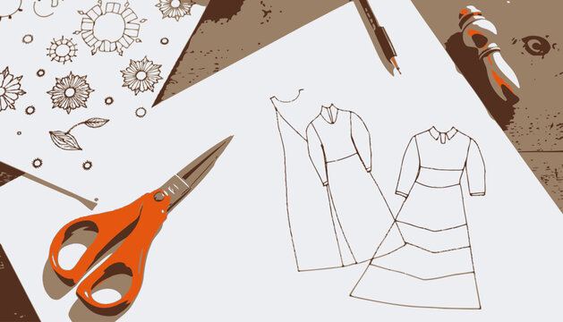 Sketch of elegant women's dresses with tailoring tools on wooden table, blending design inspiration for fashion creation