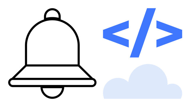 Digital notifications, coding, cloud storage, app development, data synchronization, online tools. Minimalist bell, cloud and code brackets. Notifications and coding concepts in technology and apps