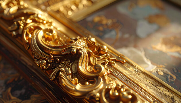 Close up of ornate golden picture frame with intricate details and textures