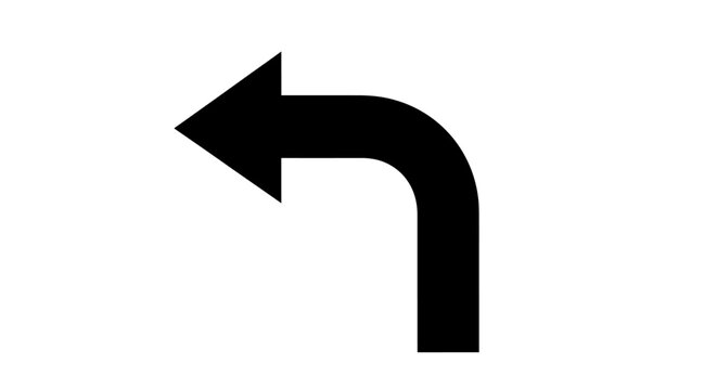 Simple black arrow pointing left with a ninety degree turn