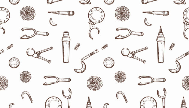 Seamless Vintage Barber Shop Pattern with Scissors, Razors, Combs, and Brushes in Monochrome Style for Barbershop Decor or Fashion Design