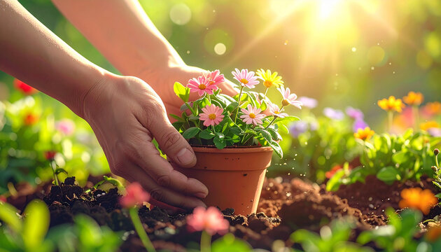 Hands planting colorful flowers in pot during sunny day
