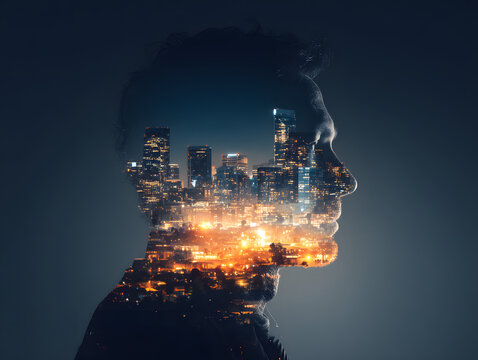 都市のスカイラインが映し出されたビジネスマンの二重露光シルエット。未来、ビジョン、DXを象徴するネオンカラーのデジタルアート背景素材