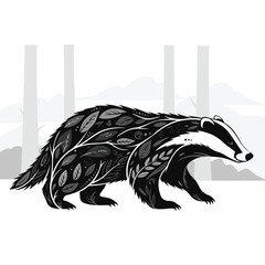 Stylized Badger Silhouette with Decorative Leaf Patterns and Floral Ornaments on Forest Background © Hamja