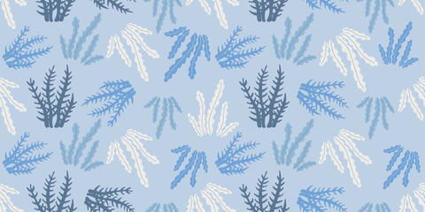 Fototapeta premium Seamless marine pattern with seaweed and coral silhouettes in blue tones. Minimal applique style design perfect for textile, wallpaper and summer decor.
