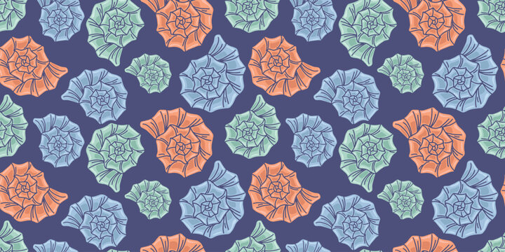 Seamless pattern with colorful nautilus shells and spiral forms on dark purple background. Ideal for textile, packaging and bold summer decor design.