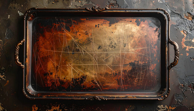 Vintage metal tray with ornate handles and aged surface texture