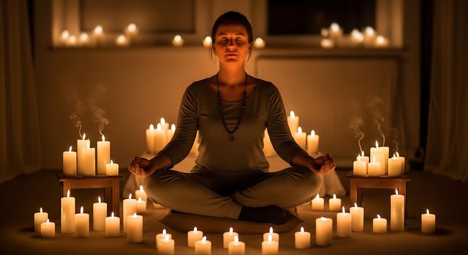 Woman meditating in lotus pose surrounded by glowing candles in a dimly lit room