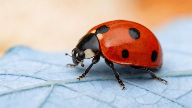Red ladybug on blue leaf