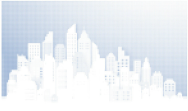 Halftone style cityscape silhouette with a plane flying in front of a large sun at sunset