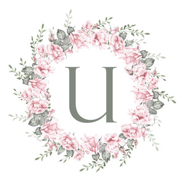 Floral letter U monogram inside rose wreath, elegant botanical initial for wedding invitations, logos, branding and romantic design projects