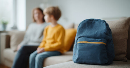 Obraz premium Blue backpack on couch with blurred people
