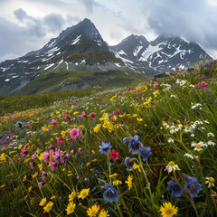 Obraz premium Mountain Landscape Covered with Colorful Wildflowers in Bloom