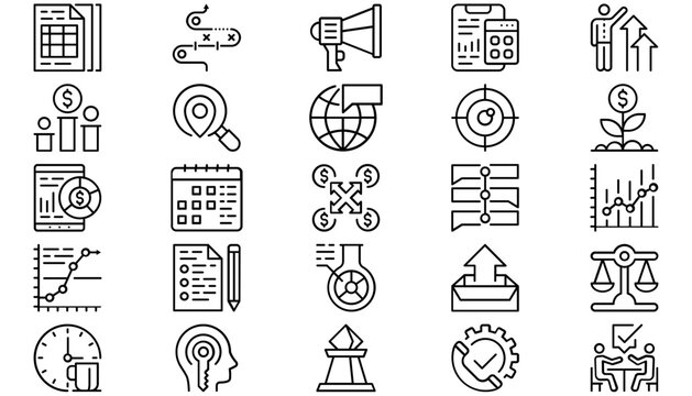 25 Black Vector Icon Set Collection Bundle: Business Finance Strategy Data Analysis Marketing Communication Growth Planning Education Science Legal and Management Minimalist Symbols for Web Design.