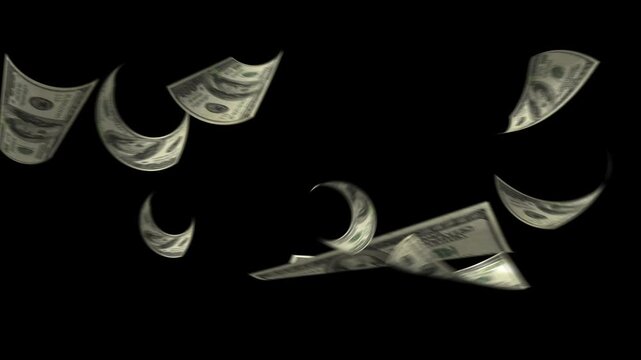flaying dollar animation video on black background.Dollar Currency Floating in Air ,Financial Freedom and Profit Concept,Falling Dollar Bills on Black Background &ndash; Money Rain Financial Concept