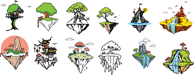 Vector icon of a floating island treehouse in outline style, minimal thin line design showing a small treehouse on a levitating island, centered on a white background, fantasy and adventure concept sy © PRO_ED