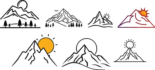 Fototapeta premium Vector icon of a gallery image in outline style, simple picture frame with mountain and sun symbol, minimal thin line design on a white background, photo gallery and media image concept, EPS format ve
