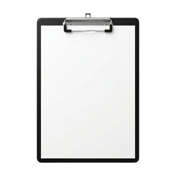 Black clipboard with a metal clip and a blank sheet of white paper, mockup. Isolated on transparent background, png