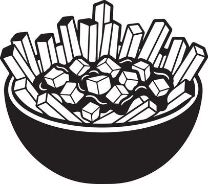 A black and white line art illustration of a bowl of delicious poutine with fries and cheese.