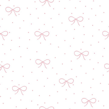 Seamless pattern with thin pink bows and small polka dots on a light background. Even spacing, consistent scale, and a clean structured repeat with a delicate linear style.