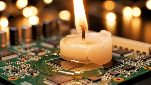 Lit wax candle melting on a green computer motherboard