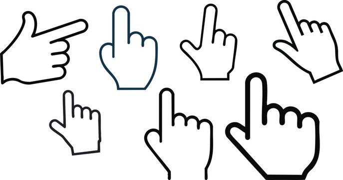 Vector icon of a hand cursor click in outline style, finger tap gesture with minimal thin line design, centered on a white background, digital interaction and clicking action symbol, EPS format vector