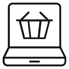 Minimalist black line art vector icon illustration of a laptop computer with a shopping basket on the screen, representing online shopping, e-commerce, digital retail, and web store concepts. © Afsana