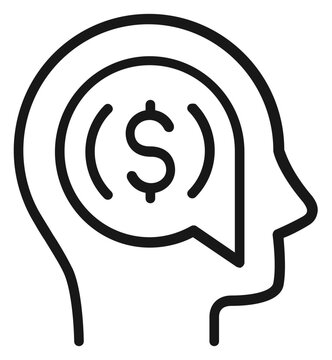 Minimalist black line vector icon illustration of a human head profile with a speech bubble containing a dollar sign, symbolizing financial mindset, business ideas, wealth, and money management.
