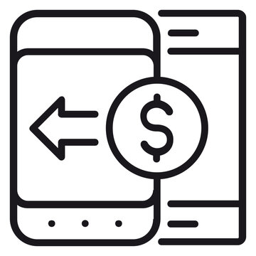 Mobile payment and money transfer vector icon illustration, featuring a smartphone with a dollar coin and an arrow indicating a transaction, cashback, or digital wallet concept.