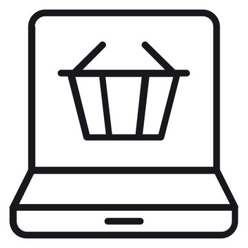 Minimalist black line art vector icon illustration of a laptop computer with a shopping basket on the screen, representing online shopping, e-commerce, digital retail, and web store concepts.
