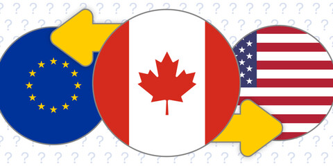 Naklejka premium Canada between European Union and USA, arrow between global superpowers USA and Europe icon button. Partnership, trade, economic, border relationship between countries