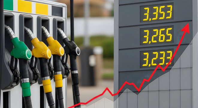 Gasoline fuel pumps with rising price display and red arrow indicating cost increase