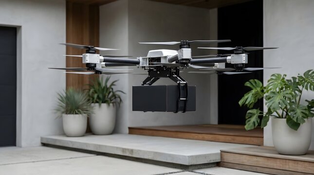 A futuristic multi-rotor delivery drone, precisely hovering with a dark package, demonstrates autonomous urban logistics technology for doorstep service.