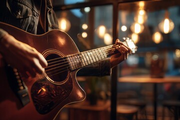 Naklejka premium A musician playing an acoustic guitar in a cosy, dimly lit musical atmosphere, musician playing guitar, man playing guitar, man playing acoustic guitar, man playing electric guitar
