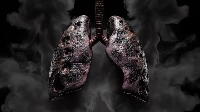A detailed, dramatic close-up of diseased lungs engulfed in dark smoke, symbolizing illness and the harmful effects of pollution against a stark, black background, conveying a somber