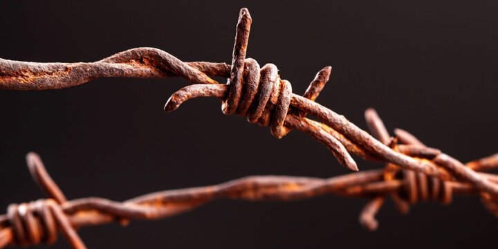 Close-up of rusty barbed wire with sharp points against a dark background