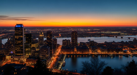 Fototapeta premium Vibrant city skyline illuminated at dusk with glowing lights and a colorful sunset.