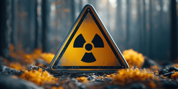 Yellow radiation warning sign with black trefoil symbol in a forest setting
