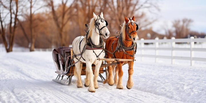 Two powerful draft horses pull a classic sleigh through a snowy winter landscape